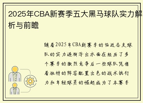 2025年CBA新赛季五大黑马球队实力解析与前瞻
