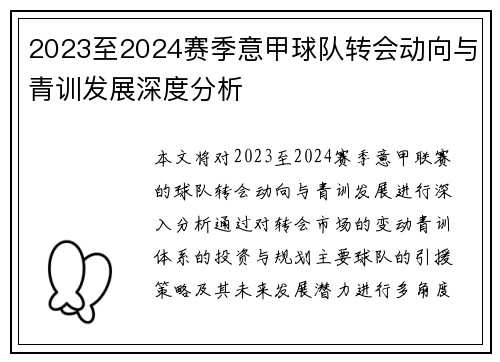 2023至2024赛季意甲球队转会动向与青训发展深度分析
