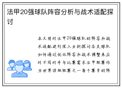 法甲20强球队阵容分析与战术适配探讨