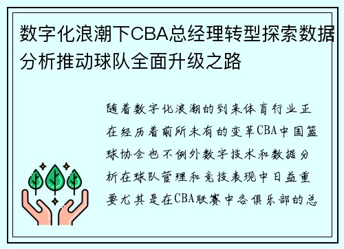 数字化浪潮下CBA总经理转型探索数据分析推动球队全面升级之路